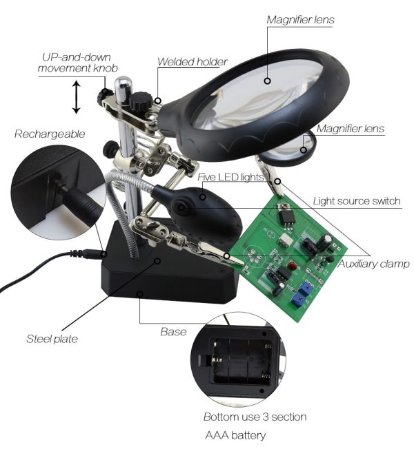 Helping Hand Magnifier 5-LED Light with Soldering Stand TE-800 (High Quality) - Image 4